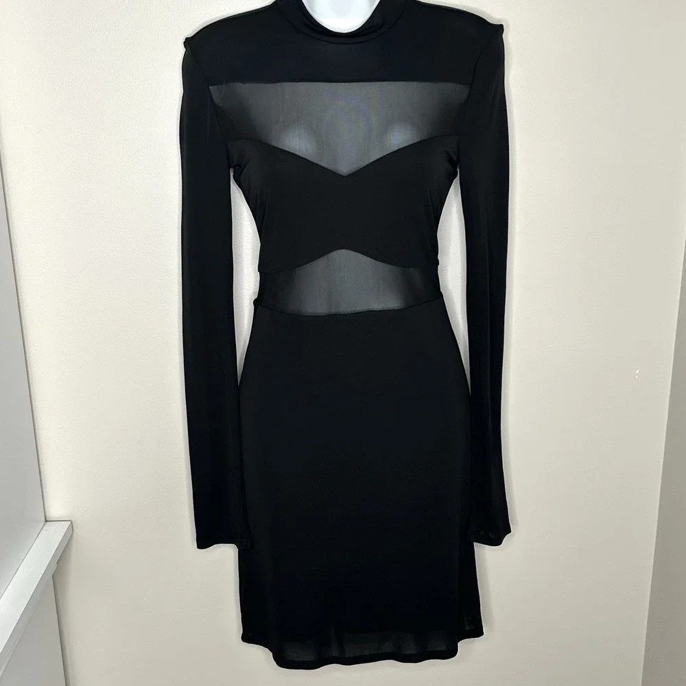STAUD Falcon Mini Dress Black Size S Sheer Panels L/S Party Going Out Goth Sexy - Picture 4 of 14